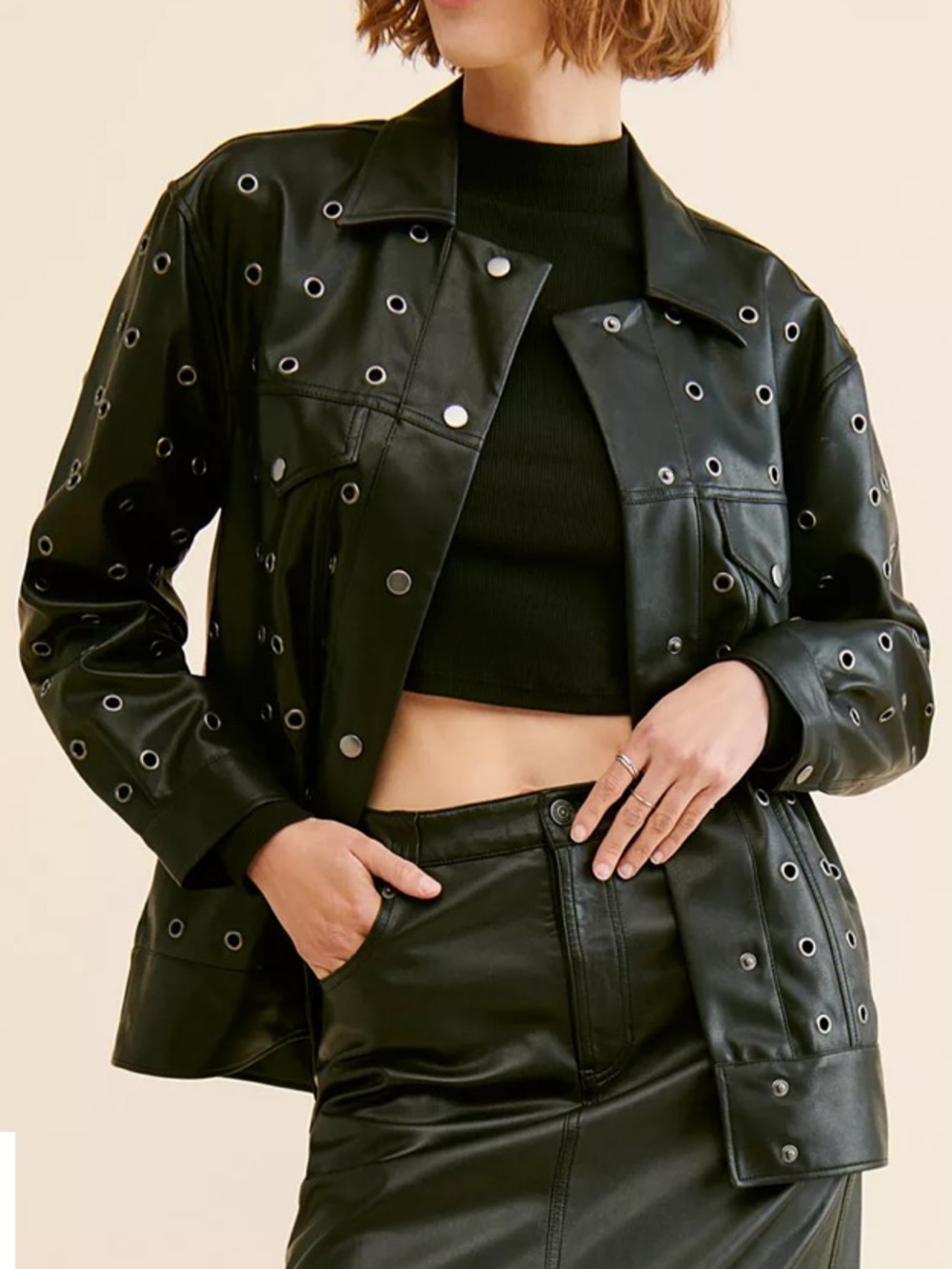 NWT Steve Madden Gabana Faux Leather Grommet Jacket Black Silver Generous XS